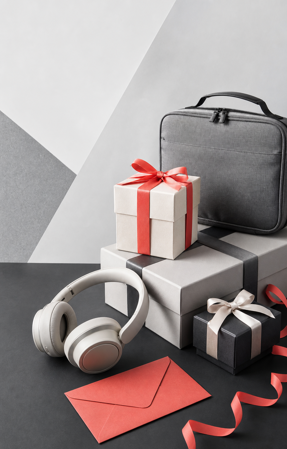 Unbranded gift boxes, headphones, travel case, and a coral envelope